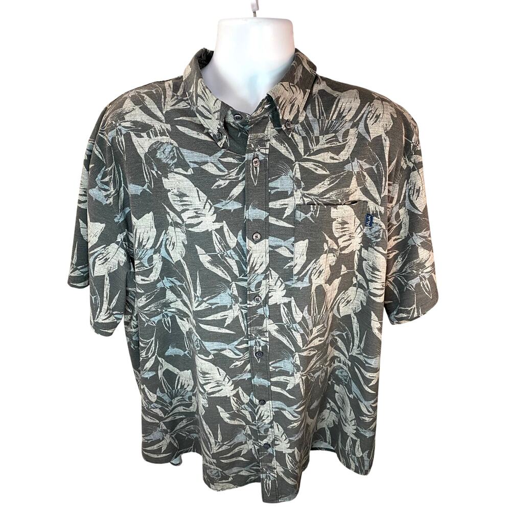 Huk Mens Shirt 2xl Grey Blue Fishing Hawaiian Floral Fish All Over